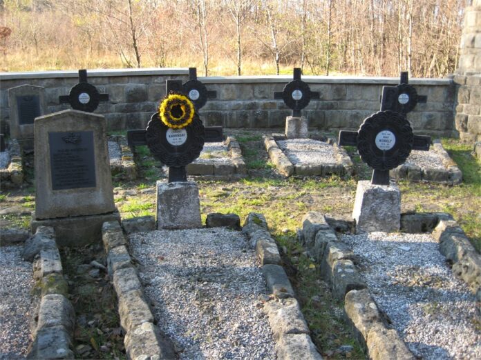 Obraz zawiera zdjęcia grobów z czasów I wojny światowej. Na pierwszym planie trzy mogiły wojenne z dwoma czarnymi krzyżami. W tle pozostałe pięc mogił. Na czterech umieczono czarne krzyże.