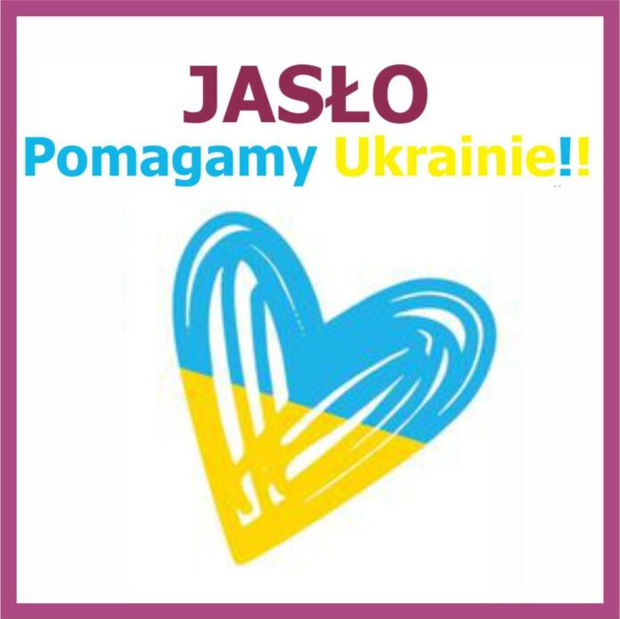 Obraz zawiera: Rysunkowe serce oraz tekst: Jasło, Pomagamy Ukrainie!!