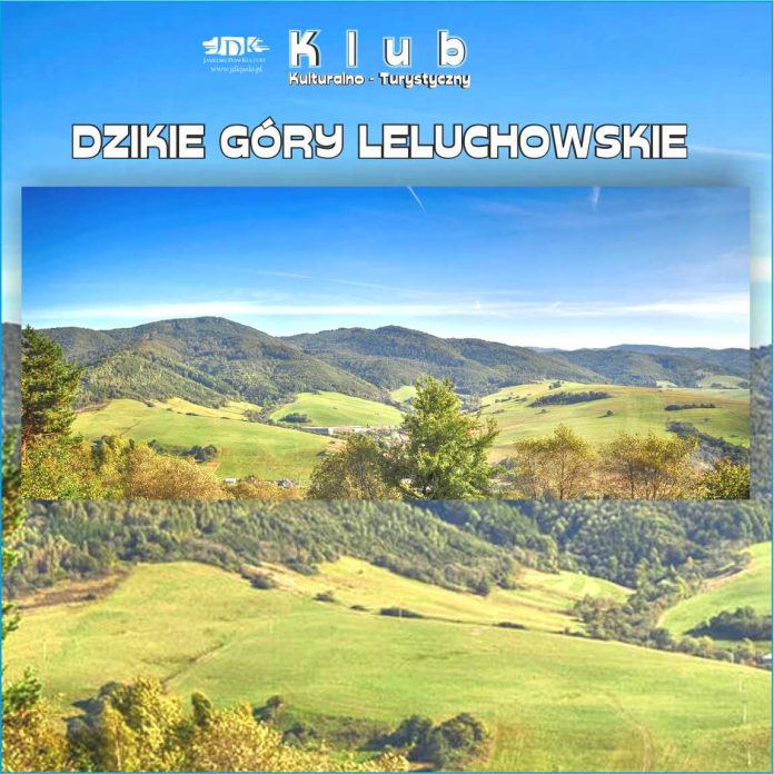 Obraz zawiera: Zdjęcie górskich dolin w pełnym sońsu przy czystym niebie. U góry logo JDK oraz tekst: Klub Kulturalno - Turystyczny. Dzikie Góry Leluchowskie.