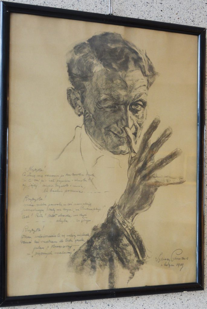 Ignacy Pinkas: "Autoportret". Pinkas grający na nosie. Węgiel na dykcie, 1919 r.