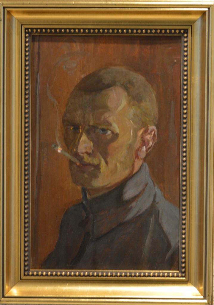 Ignacy Pinkas: "Autoportret". Pinkas z papierosem w mundurze legionisty. Olej na dykcie, lata 20. XX w.