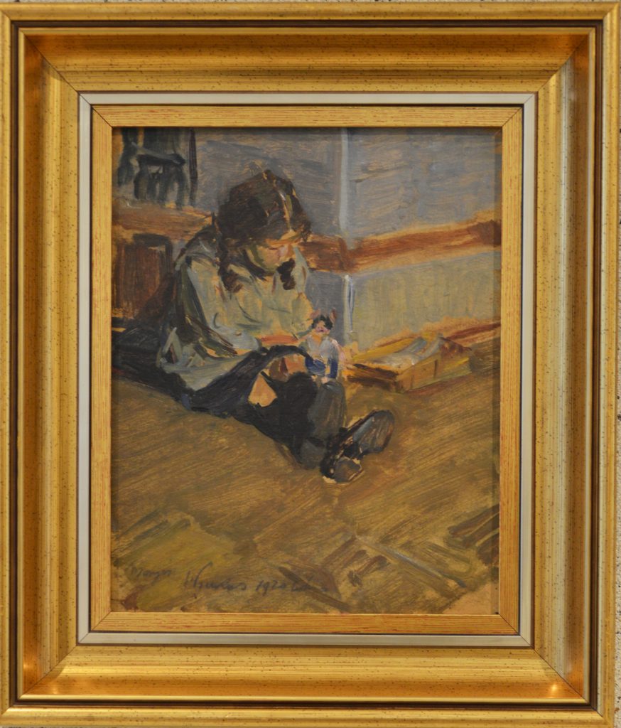 Ignacy Pinkas: "Dziewczynka z lalką" siedząca na podłodze. Olej na dykcie, 1920 r.