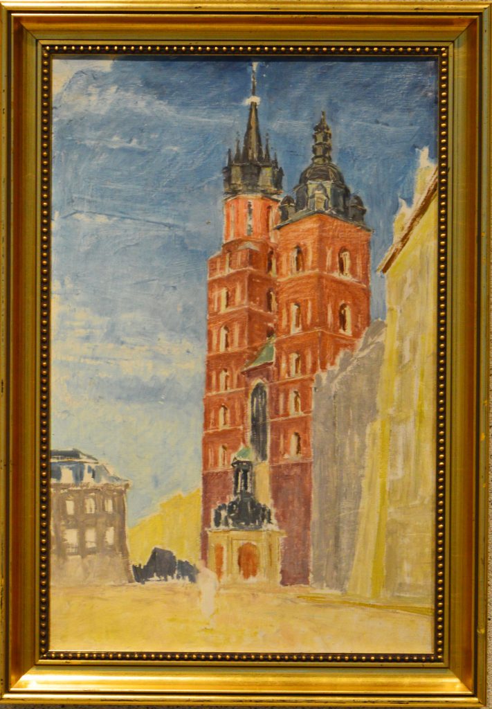 Ignacy Pinkas; "Kościół Mariacki w Krakowie". Olej na dykcie, 1934 r.