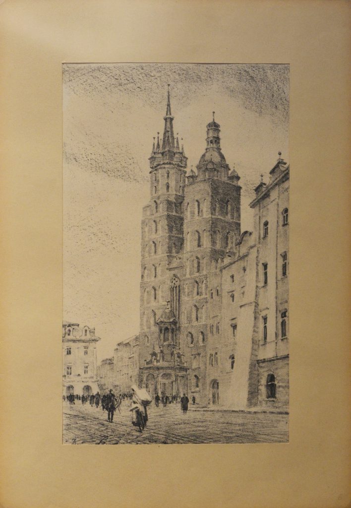 Ignacy Pinkas: "Kraków, Kościół NMP od strony ulicy Siennej", autolitografia, 1935 r.