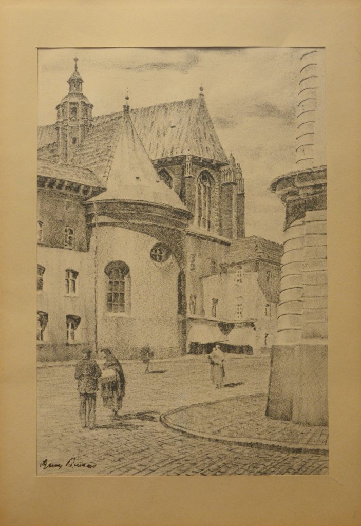 Ignacy Pinkas: Kraków, widok z Małego Rynku, autolitografia, 1935 r.