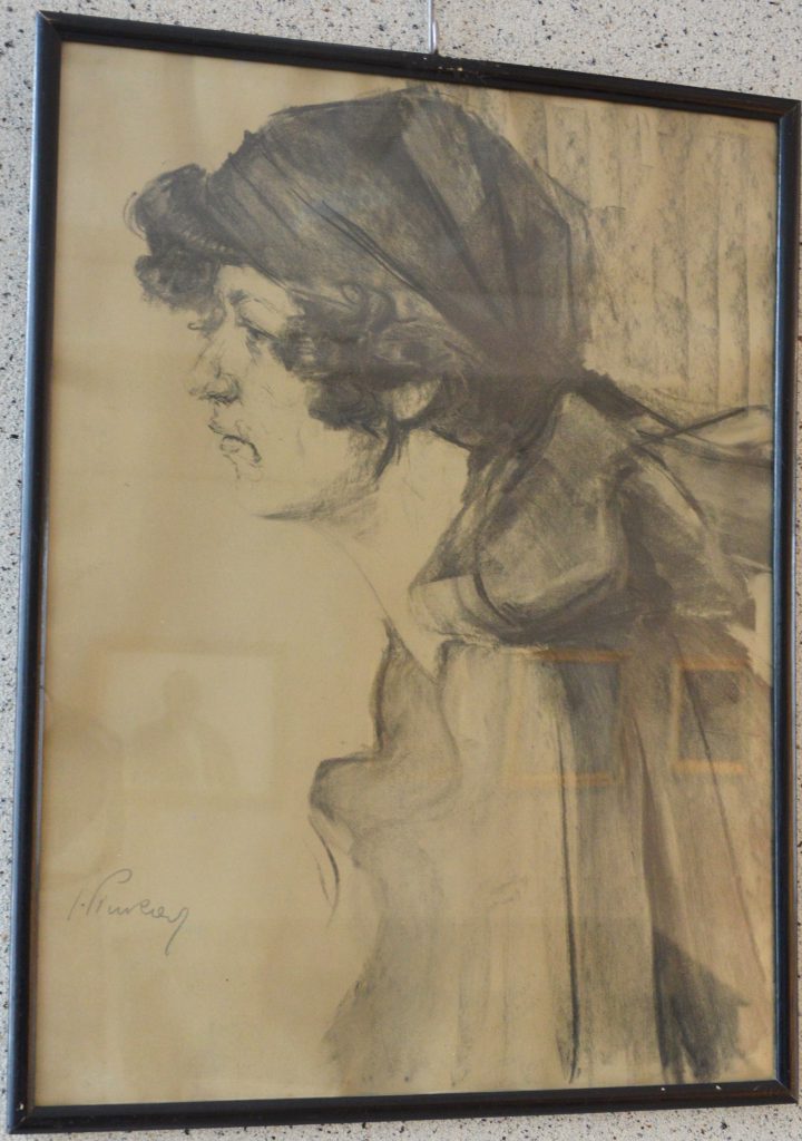Ignacy Pinkas: Pani Zosia. Kobieta w chustce, profil. Węgiel na dykcie, 1919 r.