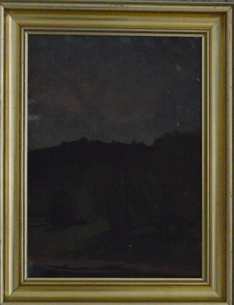Ignacy Pinkas: Pejzaż: łąka z dużymi drzewami, w ciemnej kolorystyce. Olej na dykcie, ok. 1918 r.