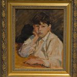 Portret pasierba. Siedzący chłopiec podpiera się łokciem. Olej na dykcie, XX w.