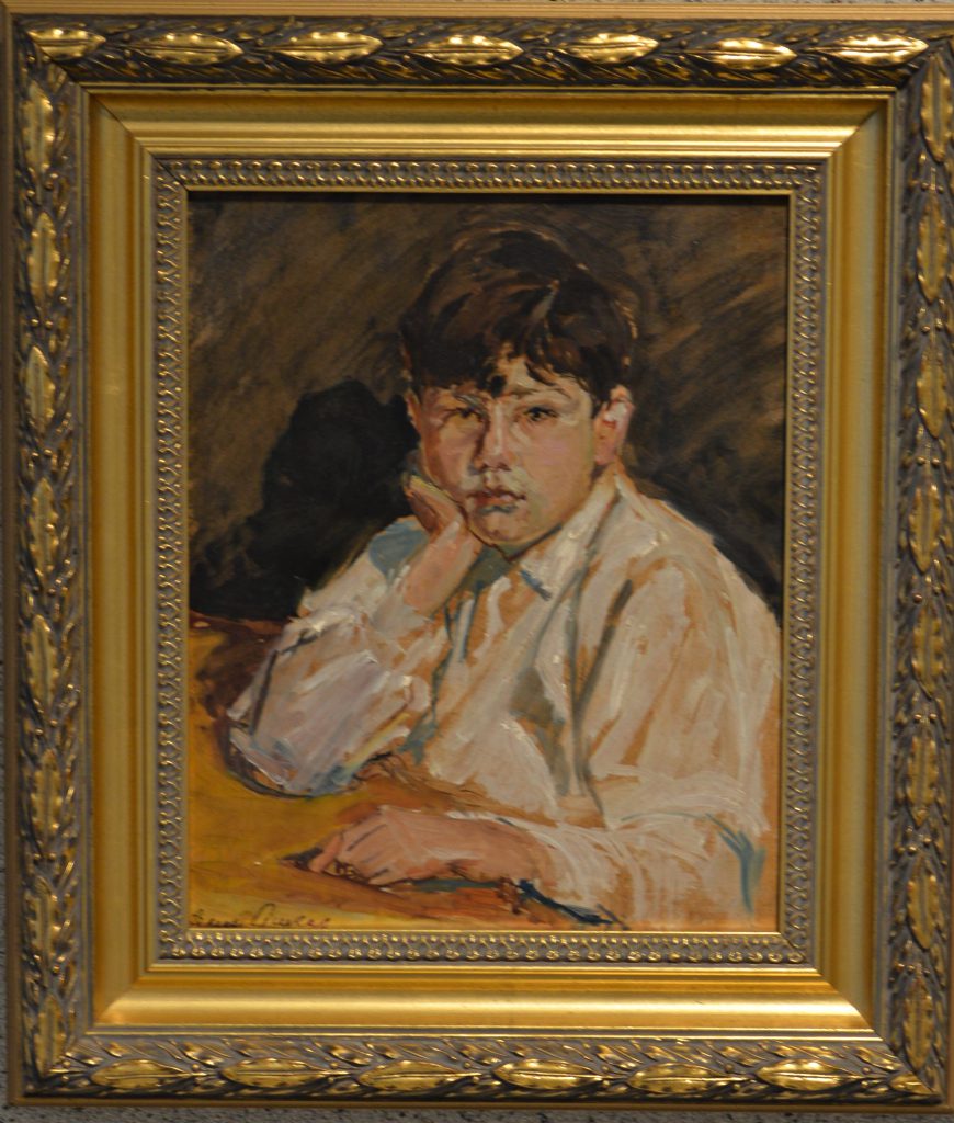 Ignacy Pinkas: "Portret pasierba". Siedzący chłopiec podpiera się łokciem. Olej na dykcie, XX w.