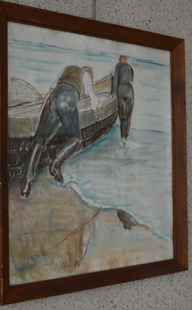 Ignacy Pinkas: "Rybacy spychający łódź". Pastel na dykcie, 1933 r.