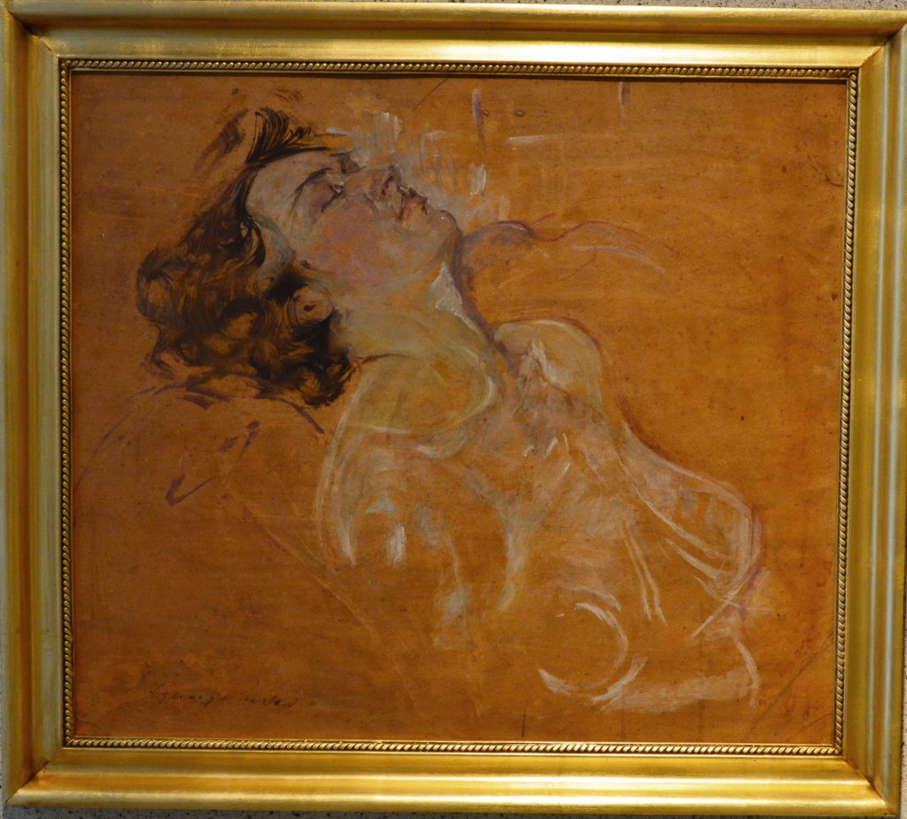 Ignacy Pinkas: "Śpiąca kobieta". Portret zza szafy, popiersie kobiety w negliżu olej na dykcie, XX w.