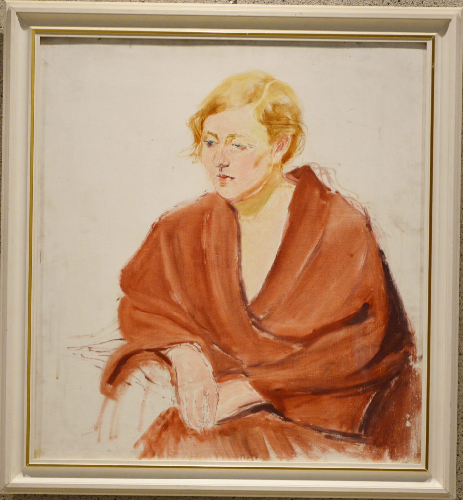 Ignacy Pinkas: "Studium portretowe". Siedząca kobieta w czerwonym peniuarze. Olej na dykcie, lata 30.XX w.