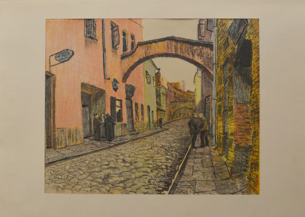 Ignacy Pinkas: "Wilno. Z Ghetta", fragment ulicy, litografia barwna, 1929 r.
