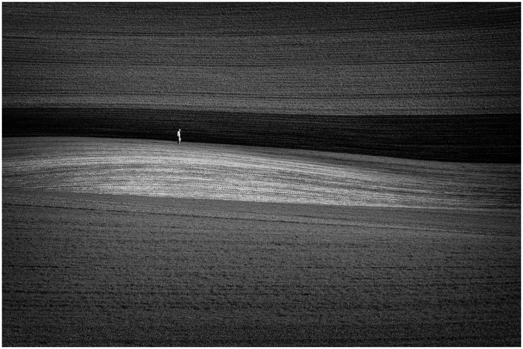 Poziome, falujące linie ornego pola, całość utrzymana w tonacji czarno- szarej, na środku pola widać maleńką, jasno oświetloną postać, prawdopodobnie mężczyzny.
