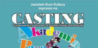Przedstawienie muzyczne w JDK: „Akademia Pana Kleksa” Baner: casting do musicalu Akademia Pana Kleksa. Napisy na niebiesko-zielonym tle
