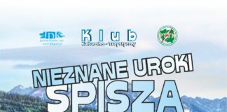 JDK i PTTK Jasło zapraszają w Pieniny Spiskie Baner reklamujący wycieczkę do spisza. W tle krajobraz:, góry, drzewa i dolina porośnięta zielono-żółtą trawą