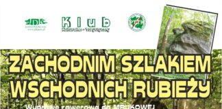 Z KK-T JDK do Mrukowej – wycieczka rowerowa Baner: Wycieczka rowerowa, w tle las i duże kamienie oraz informacja tekstowa