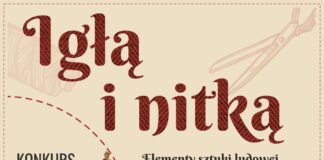 Baner: piaskowe tło, na nim ciemnobrązowe napisy i informujące o naborze do konkursu igłą i nitką - elementy sztuki ludowej