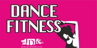 Dance Fitness w JDK Baner: różowe tło z białymi napisami informującymi o zajęciach dance fitness