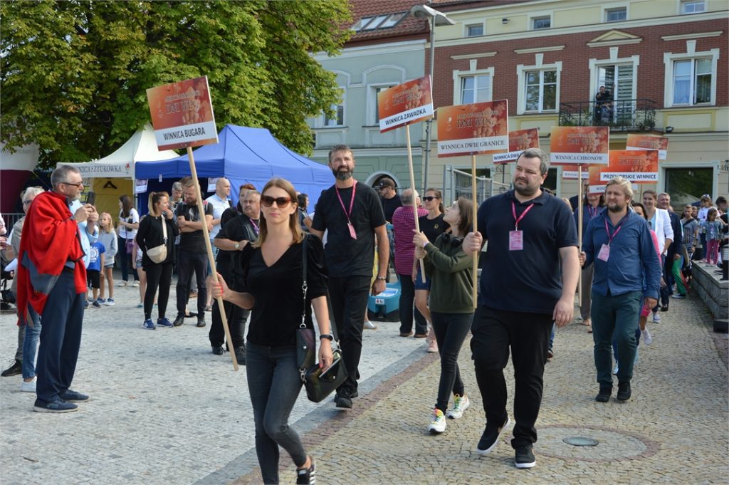 Winiarze wchodzą w barwnym korowodzie z tabliczkami z nazwami swoich winnic na jasielski rynek.