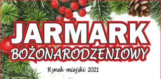 Jarmark Bożonarodzeniowy na jasielskim rynku Obraz zawiera w górnym roku gałązki jedliny z szyszkami oraz napisy. Jarmark Bożonarodzieniowy. Rynke miejski 2021. Zapraszamy