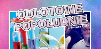 Zimowy odlot z Estradą Tyską Niebiesko fioletowo różowy afisz, a na nim liliowe napisy informujące o spotkaniu z naukowcami z estrady tyskiej