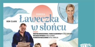 Dzień Kobiet z JDK: „Ławeczka w słońcu” plakat; ławeczka w słońcu, informujący o spektaklu. Na biało niebieskim tle napisy informujące o osobach występujących oraz terminie