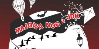 Majowa Noc z JDK 2022 Obraz zawiera: cieniste postaci kota, pary na rowerze, latarni, klucza ptaków, nietoperza, balonów i latawca oraz tekst: Majowa Noc z JDK