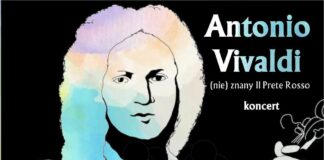 Obraz zawiera: postać Antonio Vivaldiego ze skrzypcami w dłoniach oraz tekst: Antonio Vivaldi - (nie) znany Il Prete Rosso. NOWY TERMIN