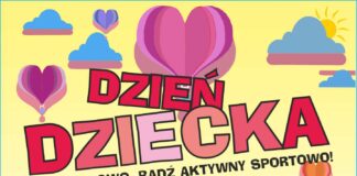 Dzień Dziecka – jedz zdrowo, bądź aktywny sportowo Obraz zawiera: chmurki, słońce, serduszka oraz napis: Dzień Dziecka - jedz zdrowo, bądź aktywny sportowo