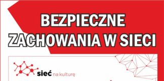 Obraz zawiera: chłopca i dziewczynę siedzących przy biurku przed laptopami oraz tekst: Bezpieczne Zachowania w Sieci. www.siecnakulture.pl