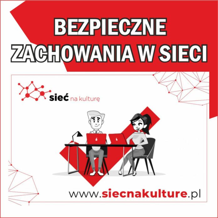 Obraz zawiera: chłopca i dziewczynę siedzących przy biurku przed laptopami oraz tekst: Bezpieczne Zachowania w Sieci. www.siecnakulture.pl
