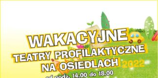Wakacyjne Teatry Profilaktyczne w Jaśle Obraz zawiera: zieloną planetę ziemię z domem, samochodem, krzewami i drzewami oraz tekst: Wakacyjne Teatry Profilaktyczne na osiedlach 2022. Od godziny 14 do 18.