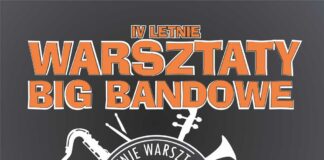 IV Letnie Warsztaty Big Bandowe Obraz zawiera: rysunek instrumentów muzycznych: perkusji, trąbki,, puzonu i saksofonu, logo JDK oraz tekst: 4 - te Letnie Warsztaty Big Bandowe dla dzieci i młodzieży