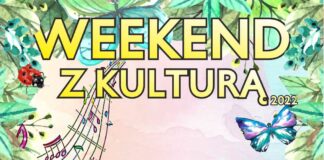 Weekend z Kulturą w Jaśle – Zaproszenie Obraz zawiera: w otoczeniu liści motyle, biedronkę, przelatująca ważkę, ksiązki i pięciolinię z nutami oraz tekst: Weekend z Kulturą 2022.
