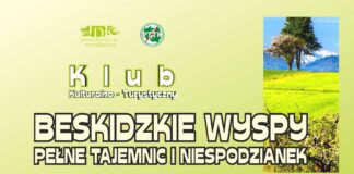KK-T JDK i PTTK Jasło zapraszają na wędrówkę po Beskidzie Wyspowym Obraz zawiera: Z prawej strony dwa zdjęcia pól, łask i wzgórz. W górnej części logo JDK i PTTK oraz tekst: Klub Klub Kulturalno - Turystyczny. Beskidzkie Wyspy pełne tajemnic i niespodzianek.