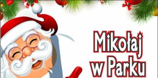 Mikołaj w Parku Miejskim Obraz zawiera: Postać uśmiechniętego Mikołaja w okularach z brodą i wąsami wskazującego prawą ręką napis: Mikołaj w Parku Miejskim.