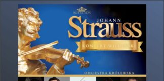 Obraz zawiera: W górnej części złotą statuetkę Johanna Straussa grającego na skrzypcach oraz tekst: Woytek Mrozek Production: Johann Strauss, Koncert Wiedeński. Orkiestra Królewska. Poniżej zdjęcia tenorów, orkiestry i tancerzy.