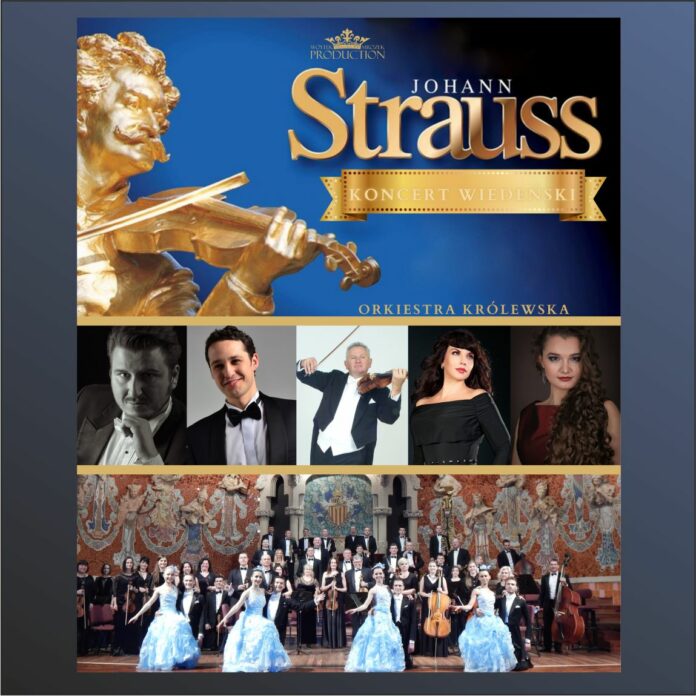Obraz zawiera: W górnej części złotą statuetkę Johanna Straussa grającego na skrzypcach oraz tekst: Woytek Mrozek Production: Johann Strauss, Koncert Wiedeński. Orkiestra Królewska. Poniżej zdjęcia tenorów, orkiestry i tancerzy.