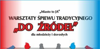 Obraz zawiera: Pięciolinię z siedzącymi na niej sylwetkami ptaków oraz tekst: "Miasto to ja". Warsztaty śpiewu tradycyjnego "Do źródeł", dla młodzieży i dorosłych.