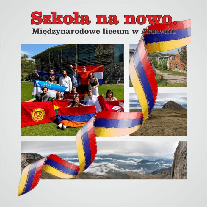 Obraz zawiera: Plakat z czterema zdjęciami, wijącą się w poprzek z góry na dół flagę Armenii oraz tekst: Międzynarodowe liceum w Armenii.