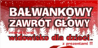 Bałwankowy zawrót głowy Obraz zawiera: U dołu obrazu bałwanek w czapce i szaliku z nosem z marchewki spogląda do góry na ośnieżone drzewa i padający śnieg oraz na napis: Bałwankowy Zawrót Głowy, interaktywne widowisko dla dzieci z prezentami!! W ramach zimowej akademii artystycznej - ferie 2023 z JDK.