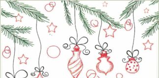 Obraz zawiera: Rysunek gałązek choinkowych z których zwisają bombki okrągłe, podłużne i w formie gwiazdki. Pod spodem znajduje się logo Jasielskiego Domu Kultury.