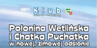 Obraz zawiera: widok na Połoninę Wetlińską w Bieszczadach i pokrytą śniegiem Chatkę Puchatka. U góry logo Jasielskiego Domu Kultury, PTTK oraz herb Jasła, a w lewym dolnym rogu logo Toyoty Jasło. Poniżej tekst: Klub Kulturalno Turystyczny. Połonina Wetlińska i Chatka Puchatka w nowej, zimowej odsłonie.