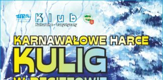Obraz zawiera: widok na zaśnieżona drogę z wysokości wozu ciągnionego przez dwa konie. U góry logo JDK I PTTK Jasło. W lewym dolnym roku logo Toyoty Jasło oraz Jasielskiego Domu Kultury. Tekst na plakacie informuje: Klub Kulturalno - Turystyczny. Karnawałowe harce. Kulig w Regietowie.
