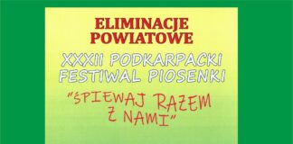 Eliminacje do festiwalu piosenki „Śpiewaj razem z nami” Żółto zielony plakat informujący o trzydziestym drugim podkarpackim festiwalu piosenki śpiewaj razem z nami.