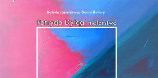 Niejedna pełna odpowiedź – malarstwo Patrycji Dyląg Obraz zawiera: przenikające się barwy, w środku prostokąt, w dole plakatu z lewej strony logo Toyoty Jasło - oficjalnego partnera motoryzacyjnego wydarzenia, a w prawym dolnym rogu logo Jasielskiego Domu Kultury. Obraz zawiera również tekst: Galeria Jasielskiego Domu Kultury. Patrycja Dyląg malarstwo. Niejedna pełna odpowiedź.