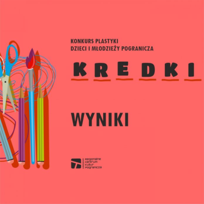 Różowe tło obrazka, na którym jest informacja o wynikach konkursu plastycznego organizowanego przez regionalne centrum kultury w krośnie