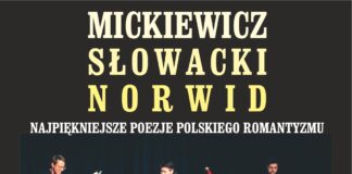 Koncert poezji romantycznej w JDK Obraz zawiera: Trzech mężczyzn stoi na scenie i gra na gitarach. U dołu plakatu odpowiednio od lewej: na białym prostokącie flaga i godło Polski oraz tekst: Sfinansowano ze środków budżetu państwa. Nazwa zadania: Propagowanie literatury wśród młodziezy poprzez utwory muzyczne; koncerty dla uczniów polskich szkół promujące teksty Mickiewicza, Słowackiego i Norwida. Sfinansowano ze środków rezerwy ogólnej Prezesa Rady Ministrów. Następnie znajduje się logo JDK, a obok, w prawym dolnym rogu logo oficjalnego partnera motoryzacyjnego Toyoty Jasło. U góry plakatu znajduje się tekst: Mickiewicz, Słowacki, Norwid. Najpiękniejsze Poezje Polskiego Romantyzmu.