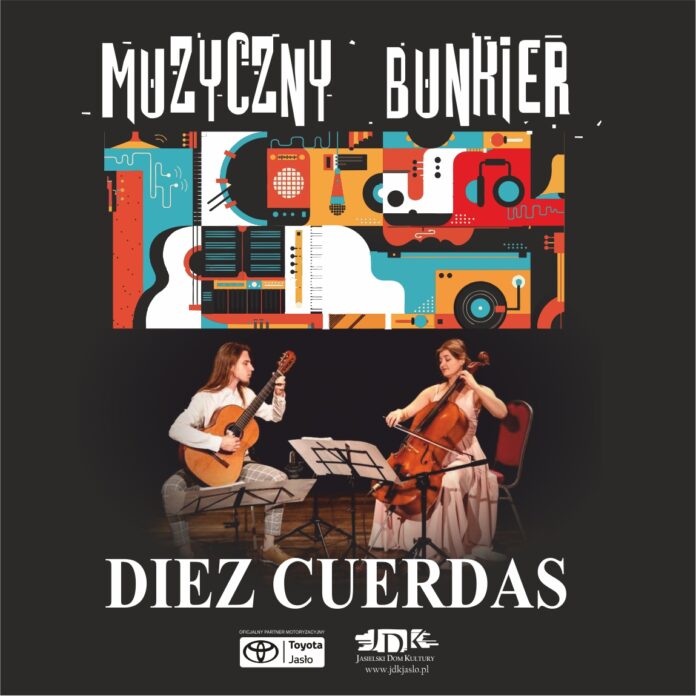 bunier ikonka Obraz zawiera: Logo Muzycznego Bunkra w które wpisane są rysunki głośników, gitary, kontrabasu, fortepianu, saksofonu, skrzypiec, mikrofonu, słuchawek i gramofonu. Powyżej białe litery na czarnym tle ułożone są w napis: Muzyczny Bunkier. Poniżej loga umiejscowione jest zdjęcie dwójki młodych artystów: gitarzysty i wiolonczelistki. Gitarzysta ma długie włosy i gra zwrócony twarzą do wiolonczelistki.Podobnie wiolonczelistka z upiętymi włosami, ubrana w długa suknię wieczorową gra zwrócona do gitarzysty. Pod zdjęciem umiejscowiony jest napis: Diez Cuerdas. Ponizej, na dole plakatu znalazły się logotypy Oficjalnego partnera motoryzacyjnego wydarzenia Toyoty Jasło oraz Jasielskiego Domu Kultury.